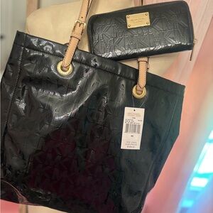 Michael Kors Black and Tan Tote Bag with Wallet